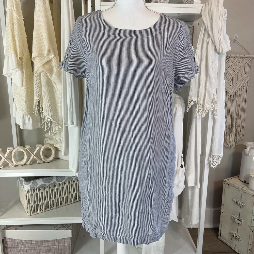 *Tahari women's blue & white seersucker linen shift dress size Medium. #1146